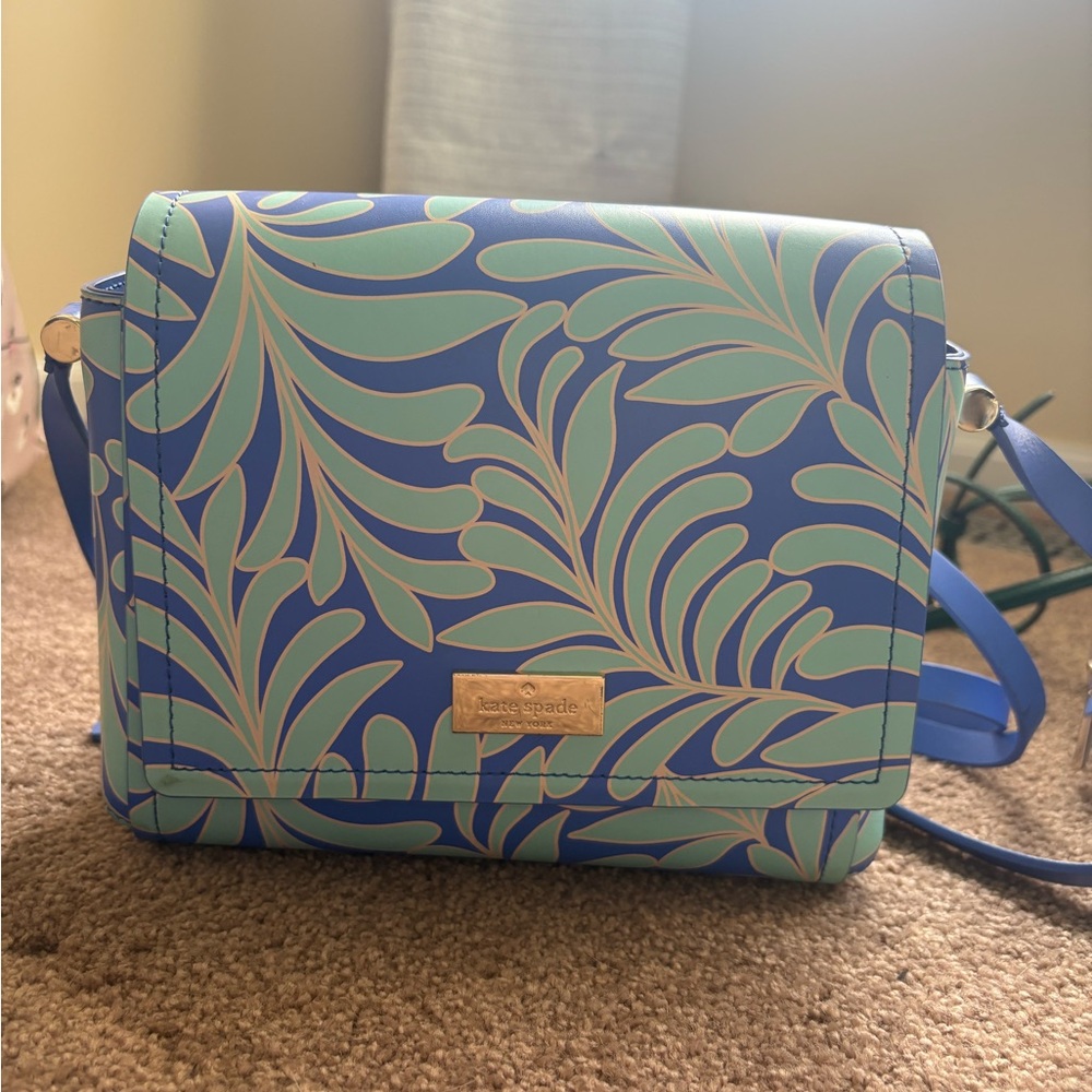 Kate Spade Blue and Green Leaf Pattern Crossbody Bag
